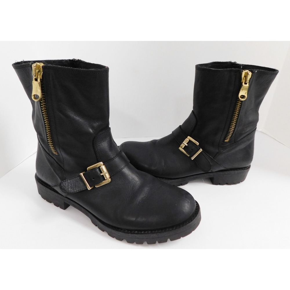 Carlo‎ Pazolini Moto Black Leather Double Zip Shiny Buckle Boot size 39